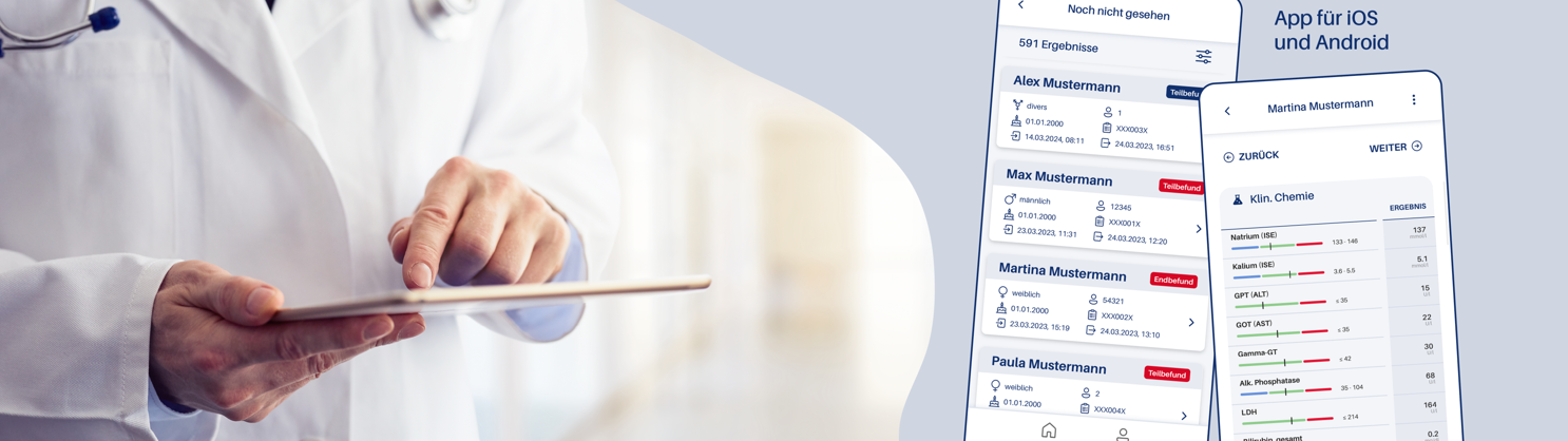 Arzt in weißem Kittel bedient Tablet, daneben Screenshots einer medizinischen App für iOS und Android mit Patientendaten und Vitalwerten
