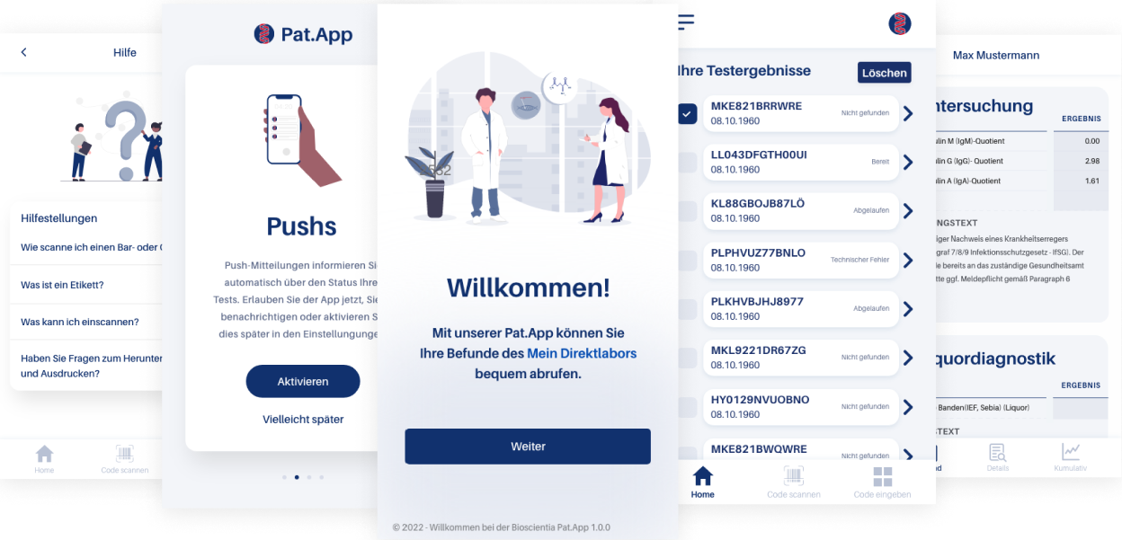 Screenshots der Pat.App zeigen Hilfeseite, Push-Benachrichtigungen, Willkommensbildschirm, Liste von Testergebnissen und medizinische Untersuchungsergebnisse.